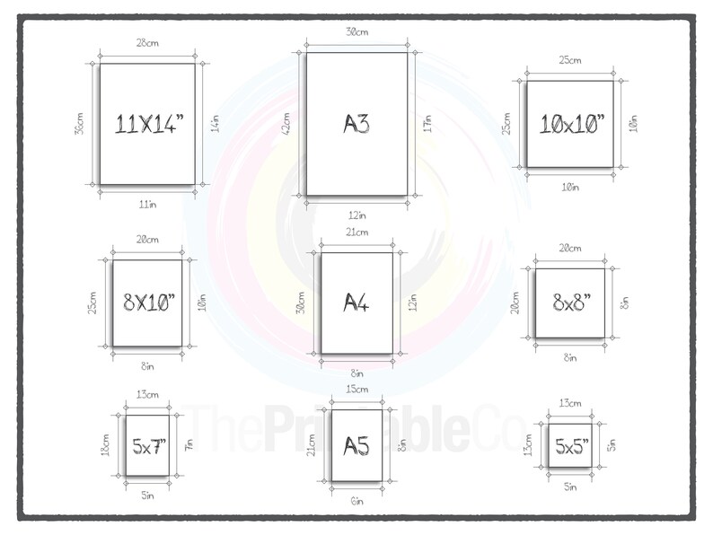 May include: A chart showing the different sizes of paper, including A3, A4, A5, 11x14 inches, 8x10 inches, 5x7 inches, and 10x10 inches. The chart also includes the measurements in centimeters and inches.