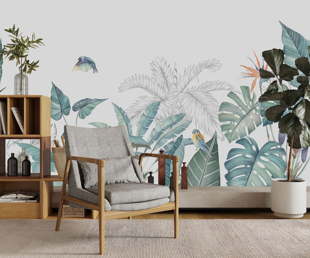 Green Leaf Peel and Stick Wallpaper Tropical Wall Mural Etsy