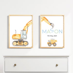 Set of 2 Personalised Construction Vehicle Wall Prints, Boys Bedroom Prints, Toddler Construction Decor, Nursery Wall Prints