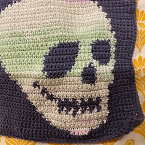 Puede incluir: Un diseño de calavera tejido a crochet en hilo blanco, verde y morado sobre un fondo azul oscuro.