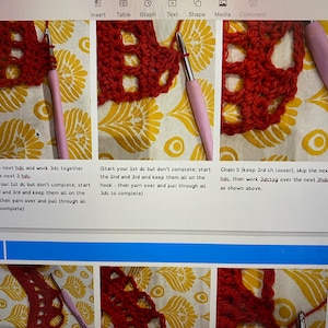 May include: Close-up of three crochet stitches being worked with a pink crochet hook. The stitches are red and the background is a yellow floral pattern. The text below the images provides instructions for crocheting the stitches.