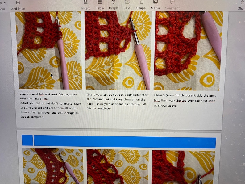 May include: Close-up of three crochet stitches being worked with a pink crochet hook. The stitches are red and the background is a yellow floral pattern. The text below the images provides instructions for crocheting the stitches.