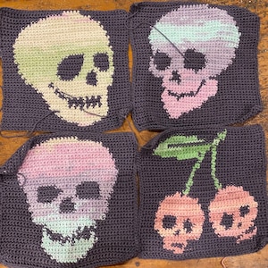 May include: Four crocheted squares with different designs. The first square features a pink and green skull. The second square features a pink and green skull. The third square features a pink and green skull. The fourth square features a pink and green cherry with a skull on each side.