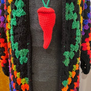 May include: A black crochet cardigan with a rainbow pattern and a red crocheted chili pepper pendant.