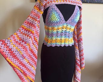 how to crochet GRANNY FESTIVAL SLEEVES pdf pattern w photo tutorial made to measure- beach coverup shrug, sleeved scarf, hippie, rave,witchy