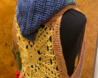 How to crochet CHASING THE SUN Mandala Hooded Vest: pdf pattern photo tutorial, made to measure, sleeveless waistcoat festival/ren faire/elf