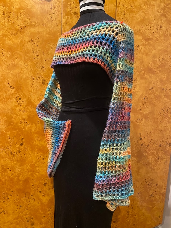 OFF THE GRID crochet mesh cropped sweater/shrug, bell flared sleeves, simple easy beginner pattern, balletcore warmup, festival swiftie fans