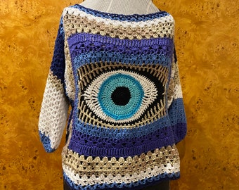 I only have EYES for you eyeball sweater - size-inclusive crochet pattern w photo instructions festival/boho/hippie/grunge/evil eye, witchy