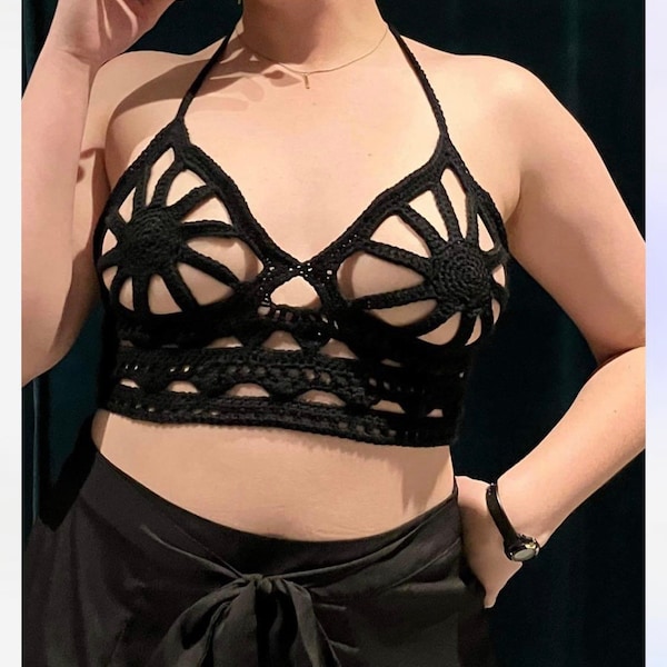 PDF Häkelanleitung: Festival Gänseblümchen Bralette mit Foto-Anleitung, MOSCHINO Geschirr BH/Fee/Gothic Dessous alt Croptop size-inclusive