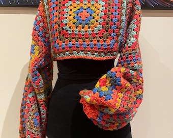 How to crochet GRANNY SQUARE SLEEVES cozy shrug cropped rave sweater, bell bubble balloon sleeves, simple easy beginner pattern, winter 2027
