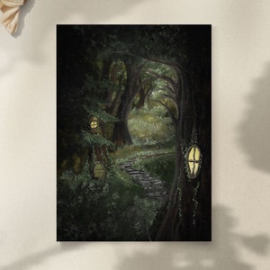 DIN A5 Aquarellkunst   ~ Düsterer Waldpfad -Fantasy - Umweltfreundlicher Druck ~ Watercolor