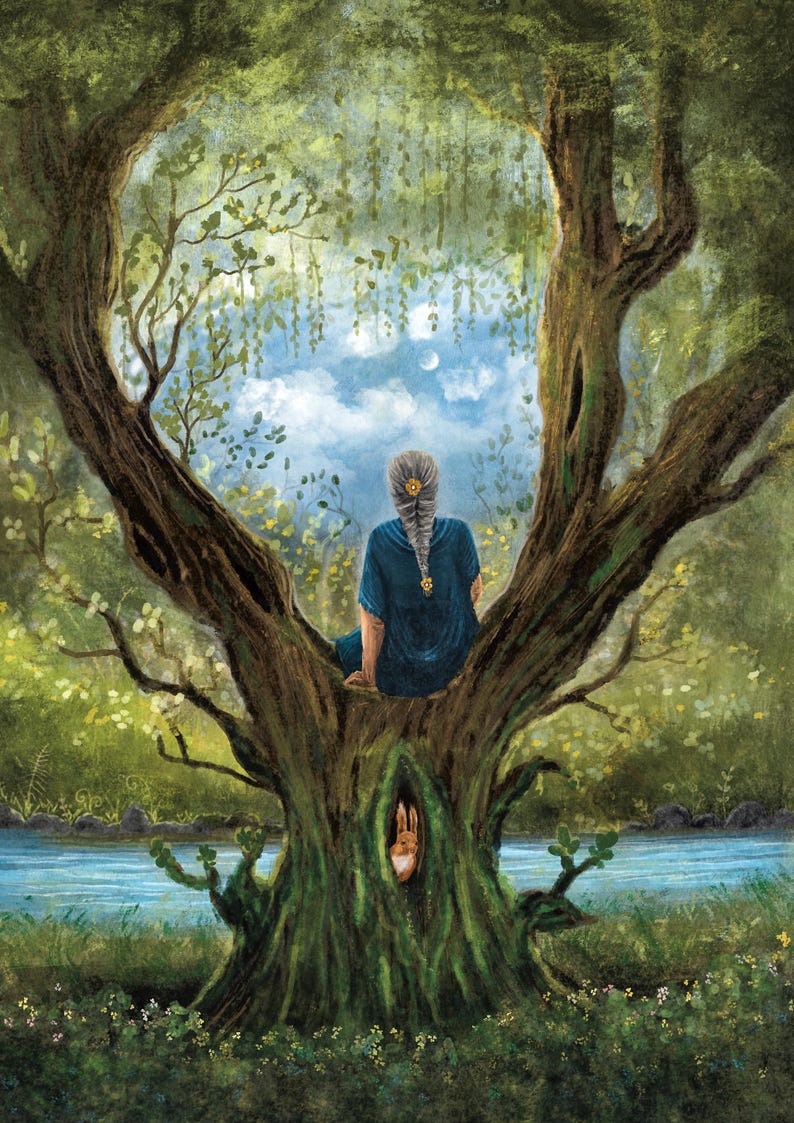 May include: An illustration depicts a person in a blue dress sitting in a large tree, gazing at a river and sky. The tree has a hollow with a rabbit inside. The scene is set in a lush, green forest with a crescent moon in the sky.