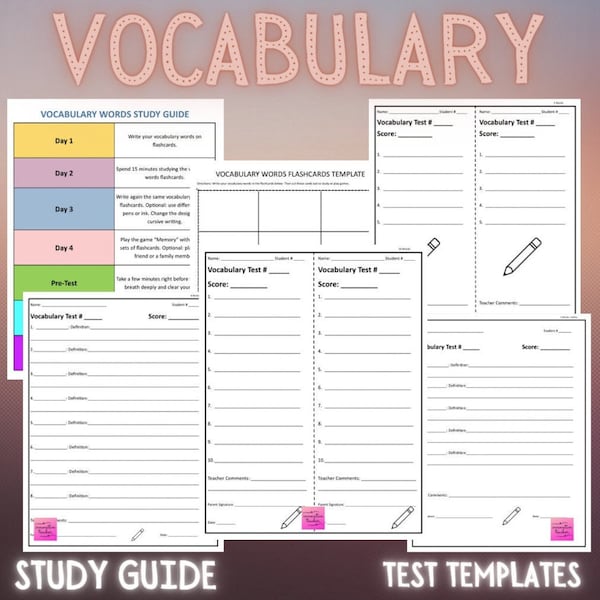Vocabulary Study Guide & Test Templates
