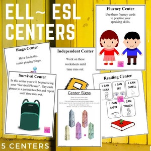 May include: Five colorful printable center signs for an English Language Learner (ELL) or English as a Second Language (ESL) classroom. The signs include: Bingo Center, Survival Center, Independent Center, Fluency Center, and Reading Center. Each sign has a simple graphic and instructions for the center activity.