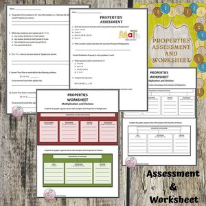 May include: A printable worksheet and assessment for students learning about the properties of multiplication and division. The worksheet includes a graphic organizer for students to complete with examples of the properties of multiplication and division. The assessment includes multiple choice and true or false questions.