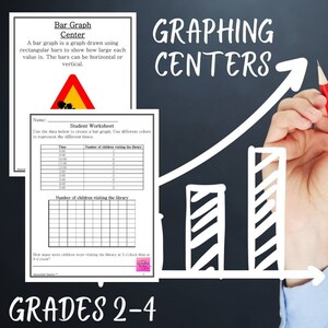 May include: A black and white worksheet with the title "Bar Graph Center" and a student worksheet titled "Student Worksheet". The worksheet includes a table with data about the number of children visiting the library at different times. The worksheet also includes a grid for creating a bar graph. The text "GRAPHING CENTERS" is written in large white letters on a black background. A hand is drawing a bar graph with a red marker.