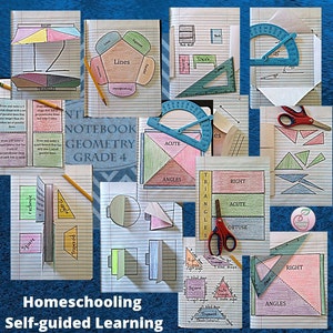 May include: A homeschooling notebook with colourful pages and cut-out shapes for learning geometry. The notebook includes lessons on lines, angles, triangles, squares, rectangles, and trapeziums. The text on the cover reads "Notebook Geometry Grade 4".