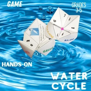 May include: A hands-on water cycle game for grades 3-5. The image shows two white paper fortune tellers with numbers and colors. The fortune tellers are floating in blue water. The text on the fortune tellers includes "Clouds form from water to become liquid again."