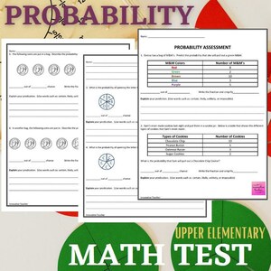 Pode incluir: Uma folha de trabalho imprimível para um teste de matemática do ensino fundamental superior sobre probabilidade. A folha de trabalho inclui perguntas sobre moedas, M&M's e biscoitos. As perguntas pedem aos alunos que calculem a probabilidade de diferentes eventos.
