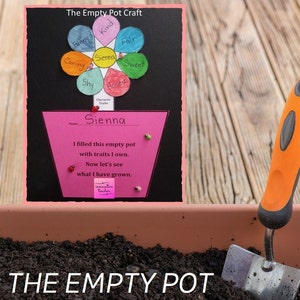 Puede incluir: Una manualidad imprimible rosa y negra para niños. La manualidad es una flor con pétalos que tienen rasgos de carácter escritos en ellos. La flor está en una maceta con el nombre Sienna escrito en ella. El texto dice "Llené esta maceta vacía con rasgos que poseo. Ahora veamos qué he hecho crecer."