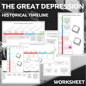 May include: A collection of worksheets titled "The Great Depression Historical Timeline" and "Worksheet." The worksheets feature timelines with key events, dates, and text boxes. The color scheme includes red, blue, green, and pink.