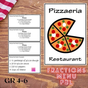 May include: A printable fractions menu for a pizzeria, with a graphic of a pizza divided into slices. The menu includes recipes for different sizes of pizzas, with the ingredients listed in fractions. The text "GR 4-6" is at the bottom of the page.