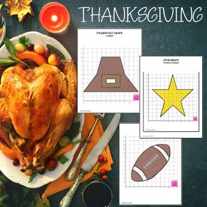 May include: A Thanksgiving-themed printable worksheet with three graph paper grids. The first grid shows a brown pilgrim hat, the second grid shows a yellow star, and the third grid shows a brown football. The title of the worksheet is "Thanksgiving".