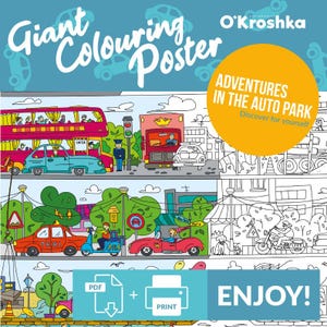 Adventures in the auto park Coloring Poster – Printable Giant Wall Art (PDF, 9 Pages)