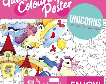 Poster licorne à colorier - Art mural géant imprimable (PDF, 9 pages)