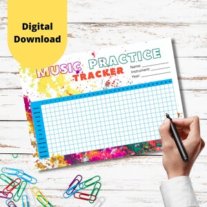 May include: A colorful printable music practice tracker with a grid for marking practice days. The tracker has a title that says "Music Practice Tracker" and includes fields for name, instrument, and year.