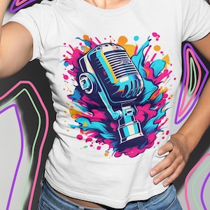 Retro Microphone T-Shirt  Colorful Musician Graphic Tee for Singers, DJs & Podcasters | Vintage Vocal Studio Mic Streetwear