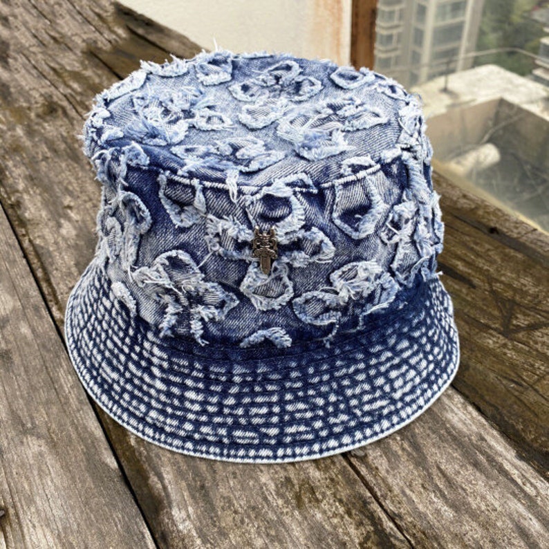 Chrome Hearts Denim Distressed Cross Bucket Hat Streetwear Cap Etsy