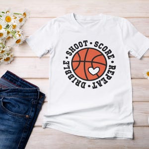 Dribble shoot score repeat shirt basketball player routine tee gift for sporty kids teens men women athletic cotton t shirt