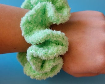 Large Green Crochet Velvet Ruffle Hair Scrunchie Wrist Band Soft Hair Tie Velvet Yarn Handmade Gift for Her