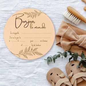 Carte bienvenue bébé en bois à remplir Bonjour le monde - Cadeau naissance - Souvenir - Gravure sur bois - Idée cadeau pour bébé - Famille
