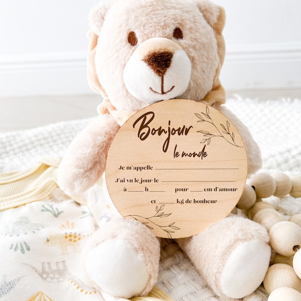 Carte bienvenue bébé en bois à remplir Bonjour le monde - Cadeau naissance - Souvenir - Gravure sur bois - Idée cadeau pour bébé - Famille