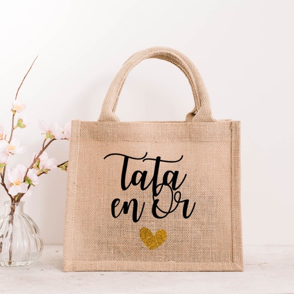 Sac cabas en toile de jute Tata en Or / jute /  idée cadeau pour femme/ pour tata, tonton / annonce