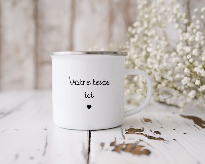 Mug en Métal Émaillé Votre Texte Ici Cœur/Tasse Idée Cadeau Personnalisé Personnalisation Cadeau