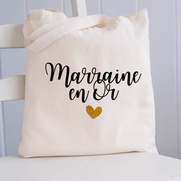 Tote bag Marraine en Or / sac shopping / idée cadeau / marraine / parrain / baptême / filleuls