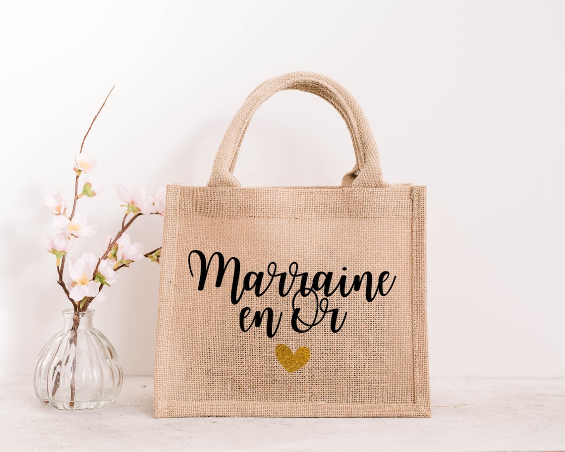 Sac cabas en toile de jute Marraine en Or / jute / id?�e - Etsy France