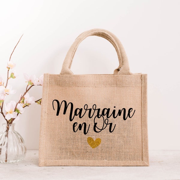 Sac cabas en toile de jute Marraine en Or / jute /  idée cadeau pour femme/ pour marraine, parrain / annonce / baptême