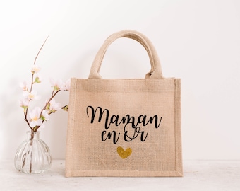 Sac cabas en toile de jute Maman en Or / jute /  idée cadeau pour femme/ pour maman, papa / fête des mères