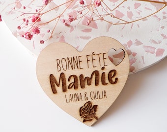 Magnet cœur Bonne fête mamie personnalisé en bois - Fête des grands mères - idée cadeau - Pour Mamie - Gravure bois - Aimant pour frigo