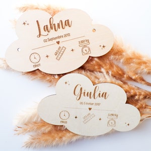 Plaque de porte en bois personnalisée Nuage - Carré De Naissance - Chambre enfant - Souvenir - Gravure - Prénom - Décoration murale - Bébé
