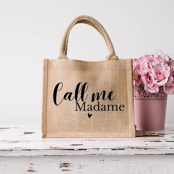 Sac cabas en toile de jute Call me Madame / sac personnalisé  / jute / mariage / idée cadeau pour femme / jeune mariée