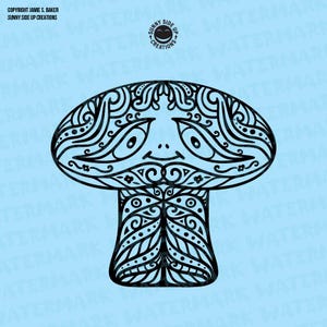 Puede incluir: Ilustración en blanco y negro de línea de arte de un hongo con detalles intrincados. El hongo tiene una tapa redonda y un tallo con un patrón de remolino.