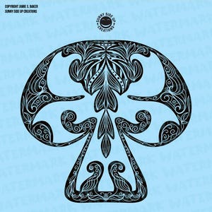 Puede incluir: Ilustración en blanco y negro de línea de arte de un hongo con detalles intrincados. El hongo está sobre un fondo azul claro.