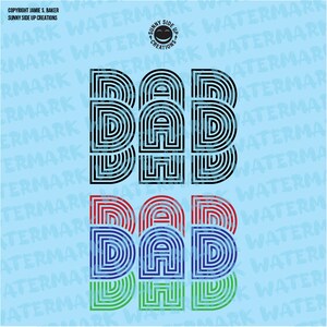 May include: Black and colourful graphic design of the word "DAD" with a layered, striped effect. The word "DAD" is repeated twice, once in black and once in red, blue, and green.