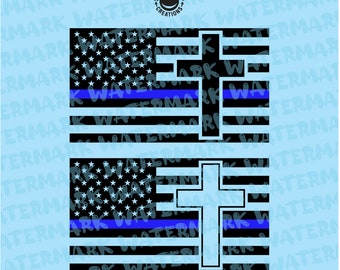 May include: Two black and white American flag designs with a thin blue line and a cross superimposed on each flag. The flags are on a light blue background with the text "WATERMARK" repeated.