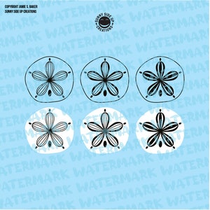 May include: Six black and white sand dollar designs on a light blue background. The sand dollars have a five-pointed star design in the center.